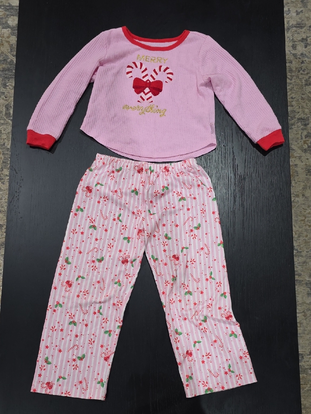 American Girl Pink Candy-Cane Heart Pajama Set with Red Trim, size 5.